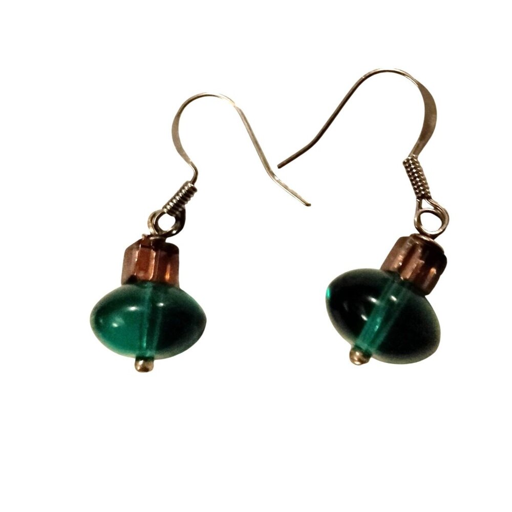 Earrings Green Glass Bead Iridescent iris  Accent Handmade Dangle